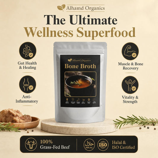 Alhamd Organics Bone Broth package with health benefits on a beige background