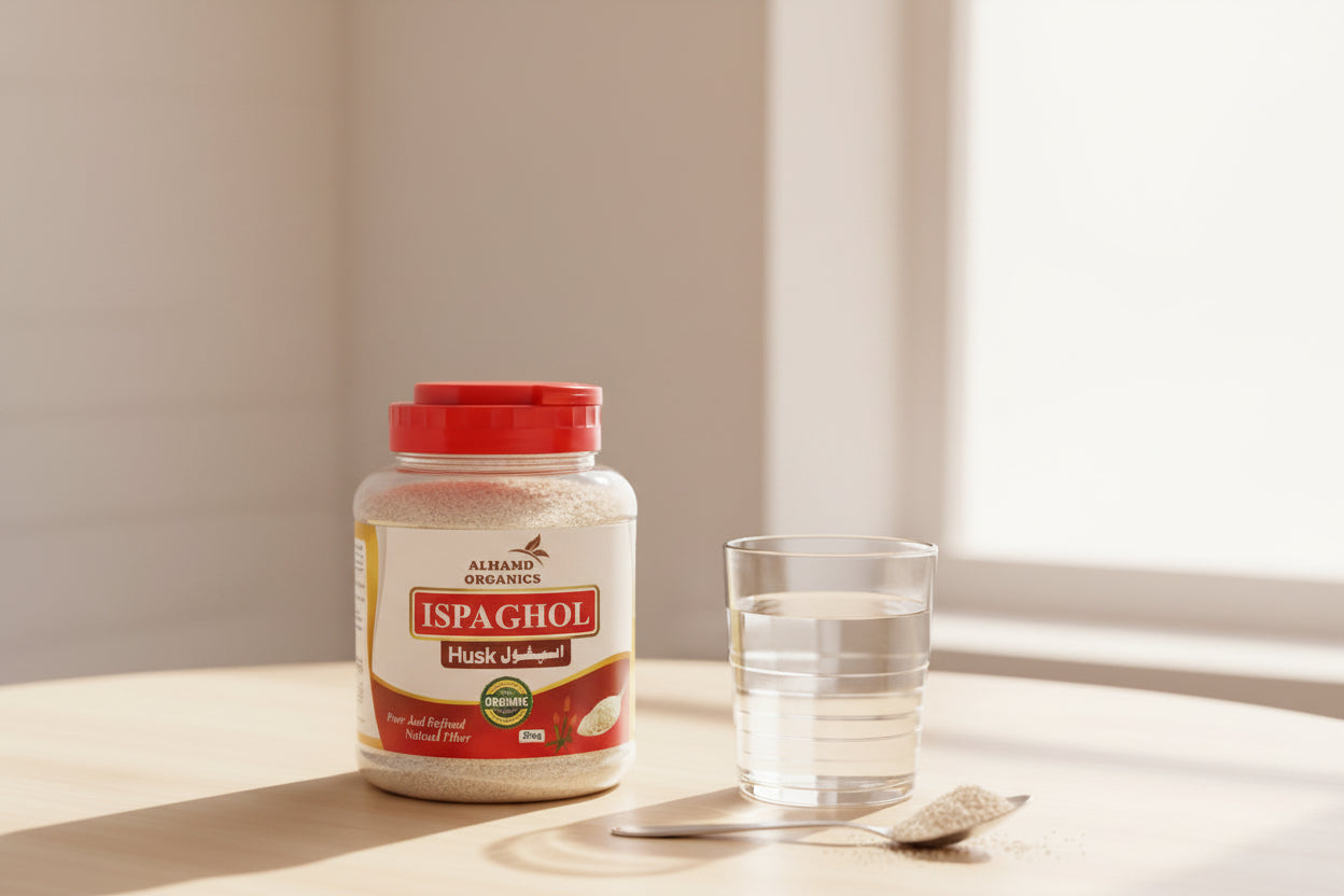 Jar of Al Hamd Organics Ispaghul Husk with a glass of water