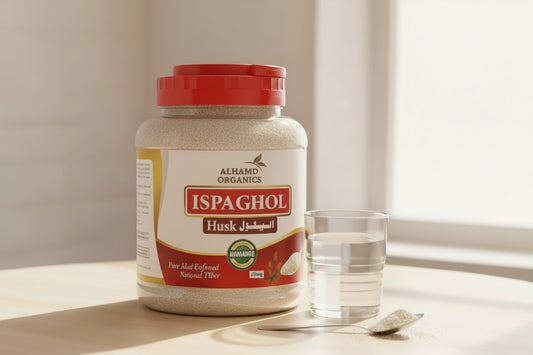 Jar of Al Hamd Organics Ispaghul Husk with a glass of water