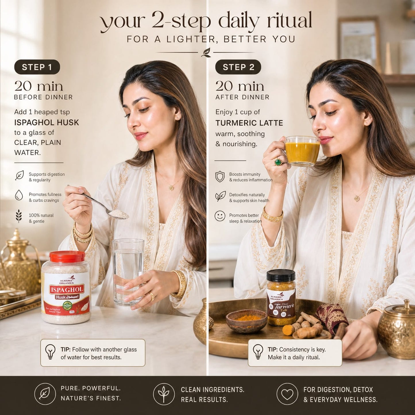 Woman following a 2-step daily ritual with Ispaghul Husk and Turmeric Latte.