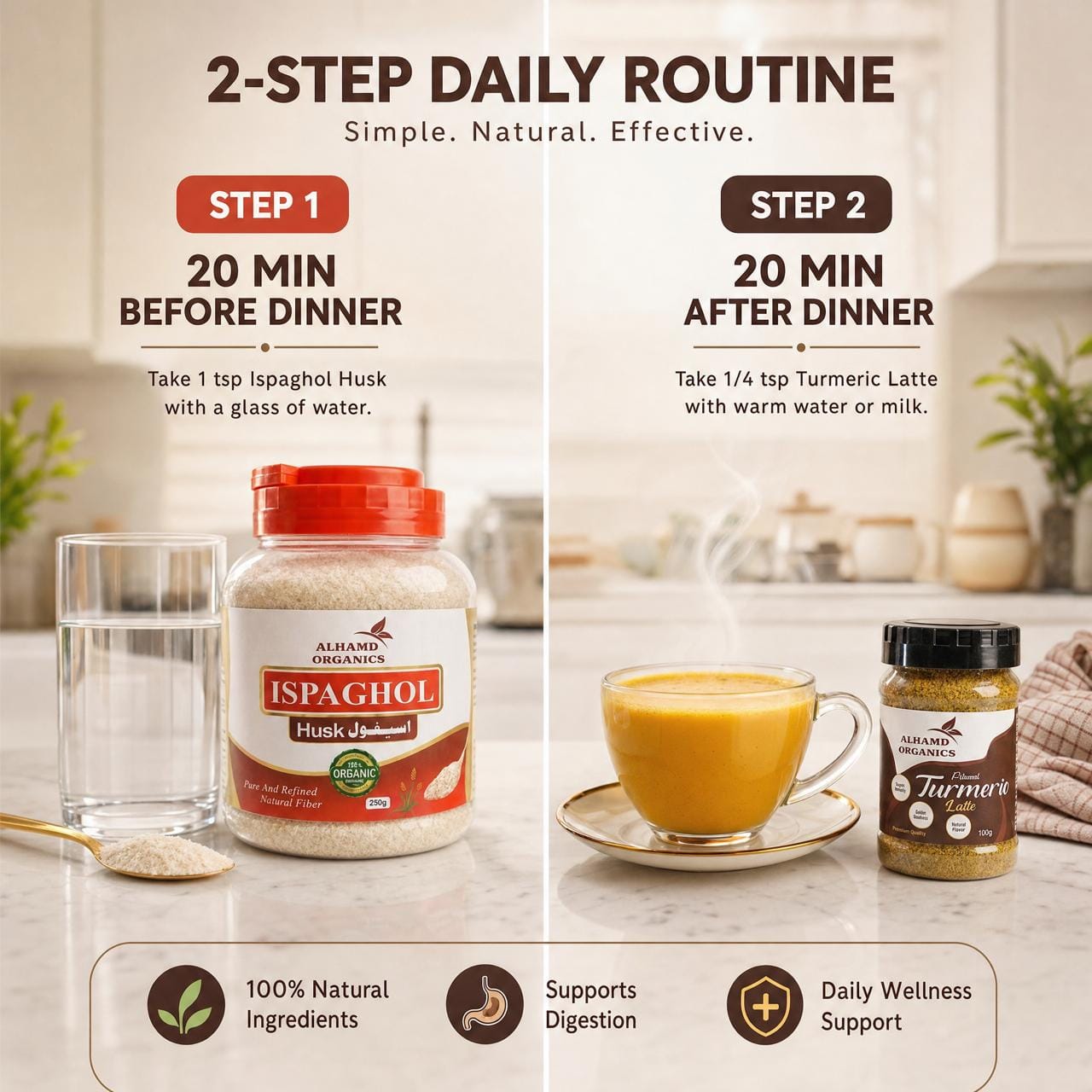 Two-step daily routine with Ispaghol Husk and Turmeric Latte on a kitchen counter.