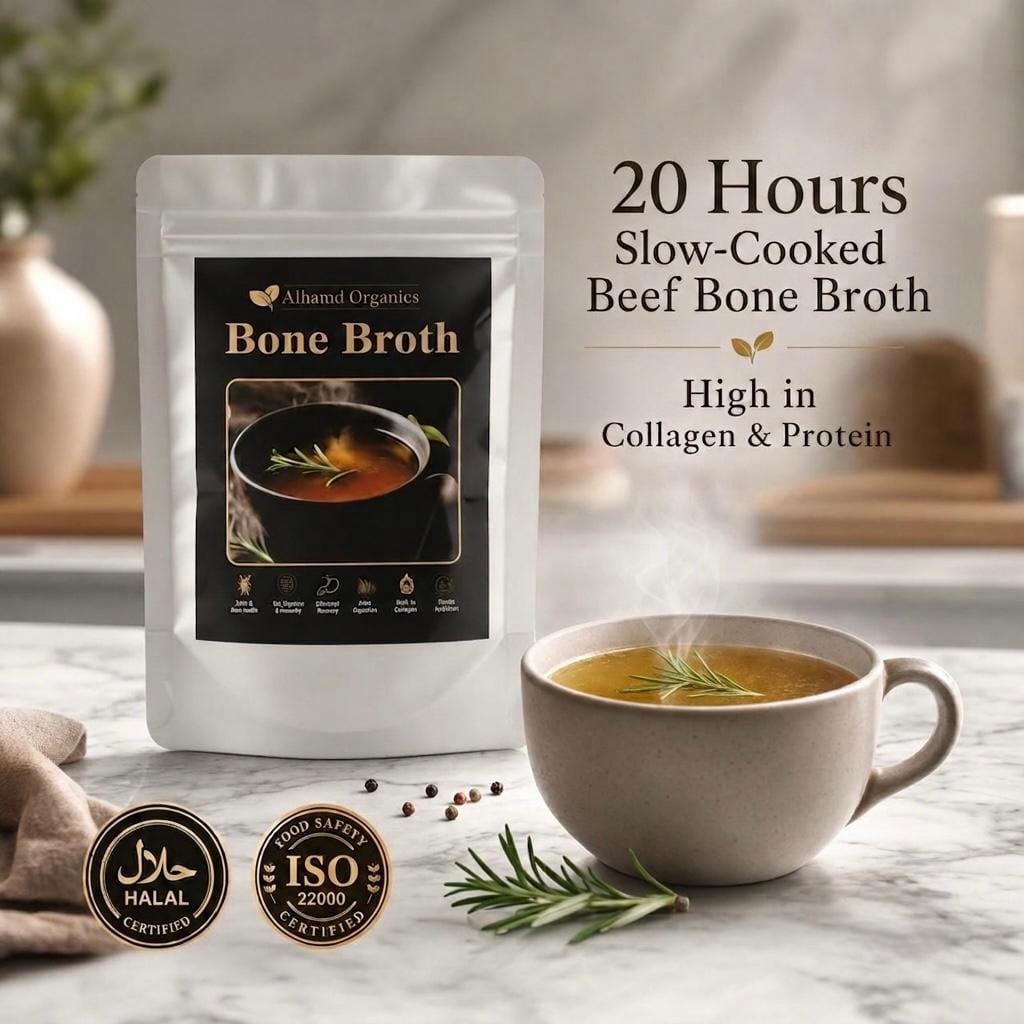 Alhambra Organics Bone Broth package with a cup of bone broth.