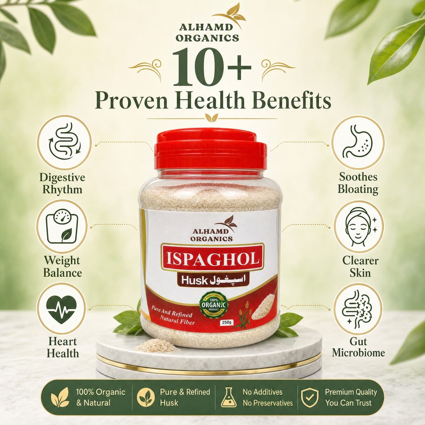 Alhamb Organics Ispaghol Husk health benefits on a light green background with leaves.