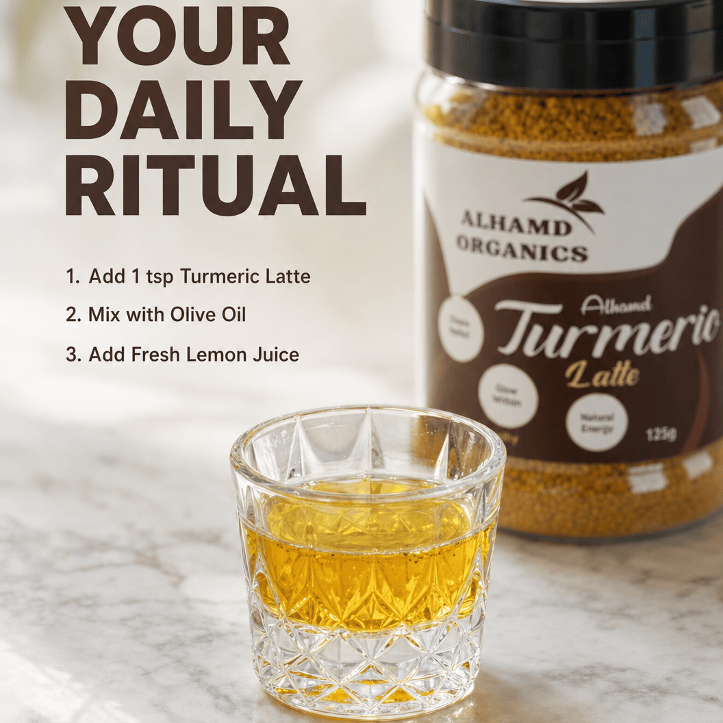 Turmeric latte with a jar of Alhamd Organics Turmeric Latte on a marble surface.