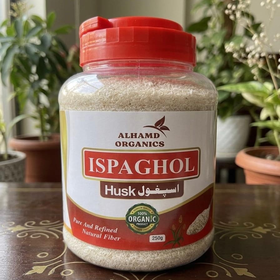 Jar of Alhamd Organics Ispaghol Husk. Best Quality Ispaghol Husk in Pakistan