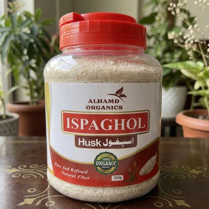 Jar of Alhamd Organics Ispaghol Husk. Best Quality Ispaghol Husk in Pakistan