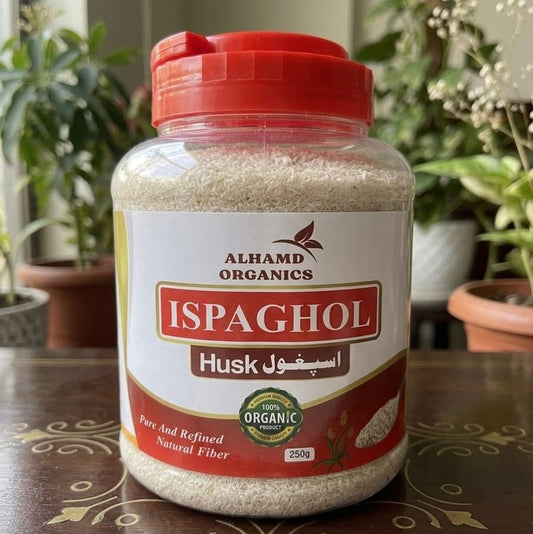 Jar of Alhamd Organics Ispaghol Husk. Best Quality Ispaghol Husk in Pakistan