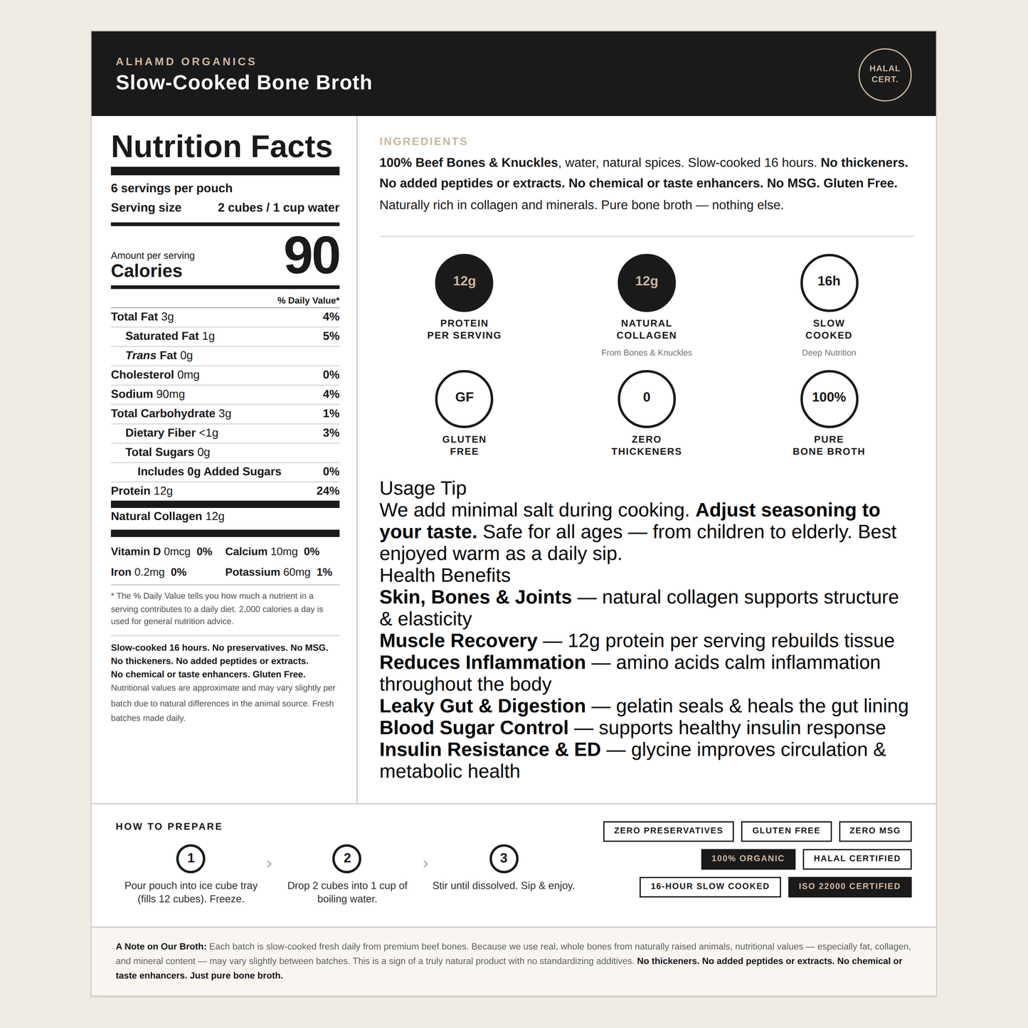 Nutrition facts label for Alphamo Organic Slow-Cooked Bone Broth