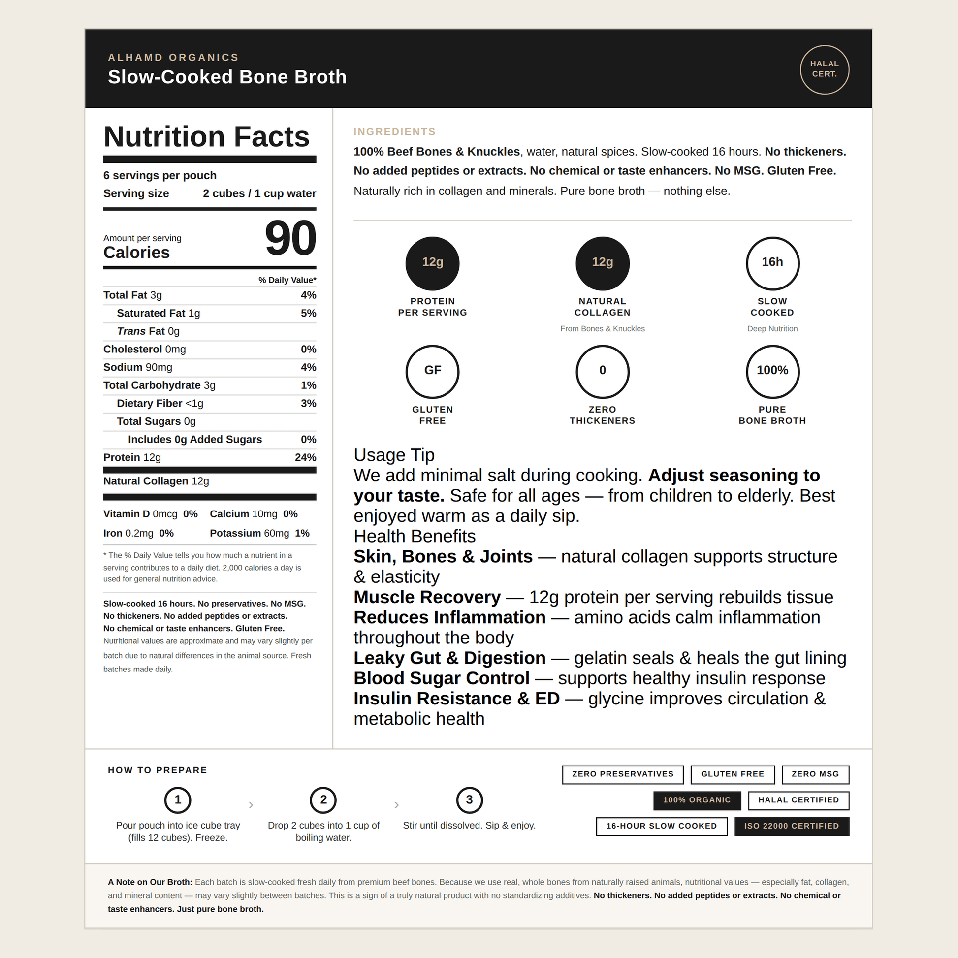 Nutrition facts label for Alphamo Organic Slow-Cooked Bone Broth