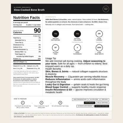 Nutrition facts label for Alphamo Organic Slow-Cooked Bone Broth