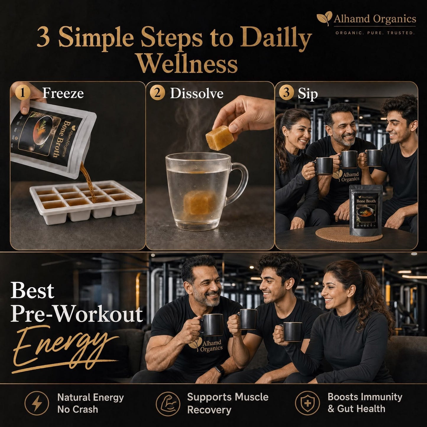 Alhamb Organics product demonstration with steps to daily wellness and benefits listed.