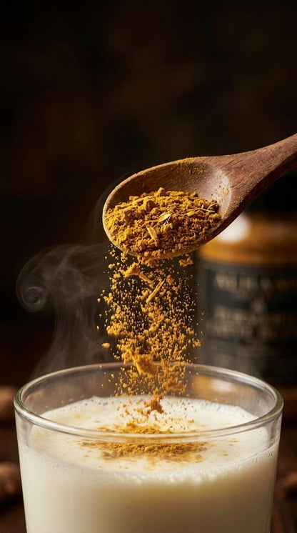 A wooden spoon filled with golden-brown ground spice or curry powder is tipping over a clear glass of creamy white beverage, with the powder falling in a fine stream and steam rising against a dark warm background.