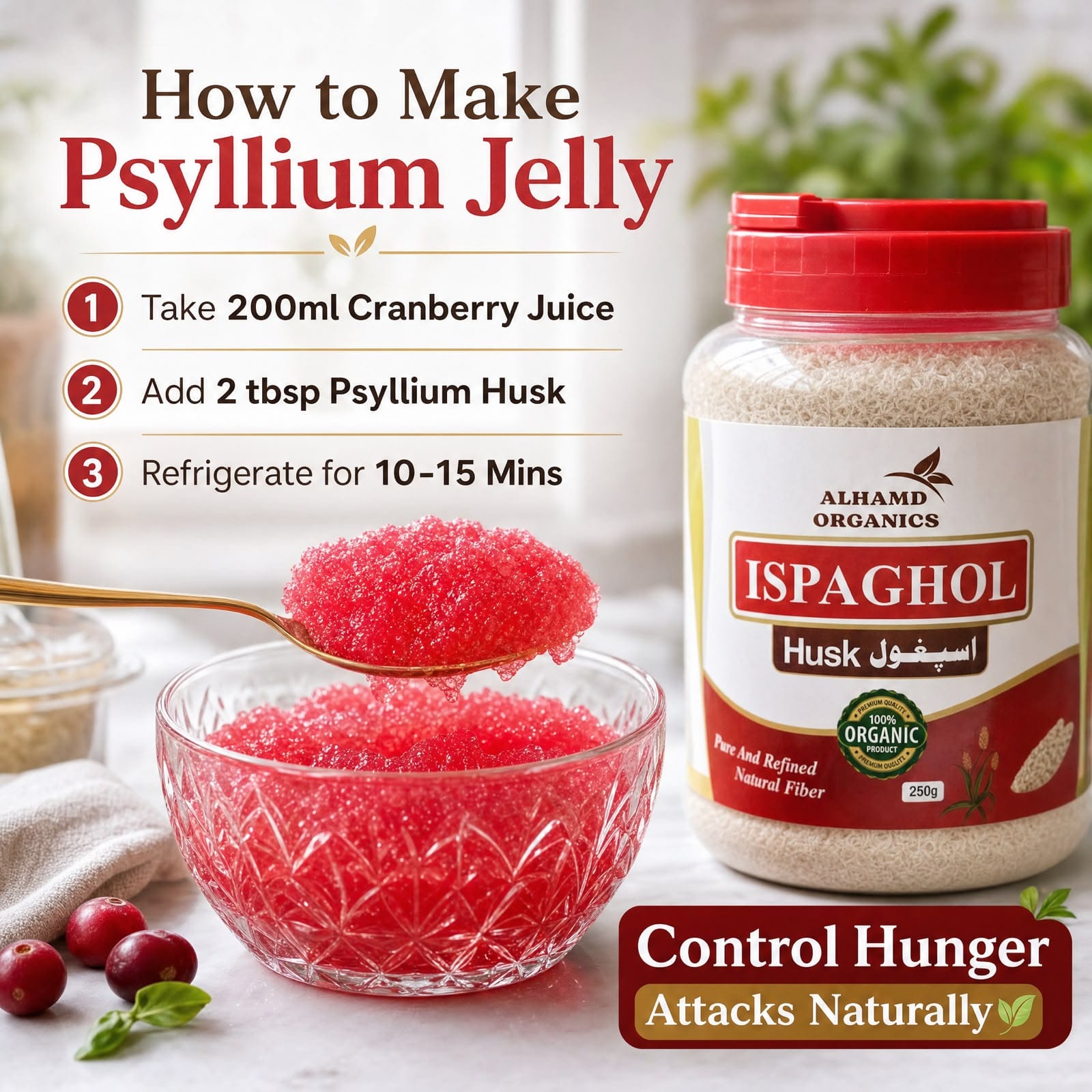 Instructions on how to make psyllium jelly with a jar of Alhamd Organics Ispaghul Husk and cranberry juice.