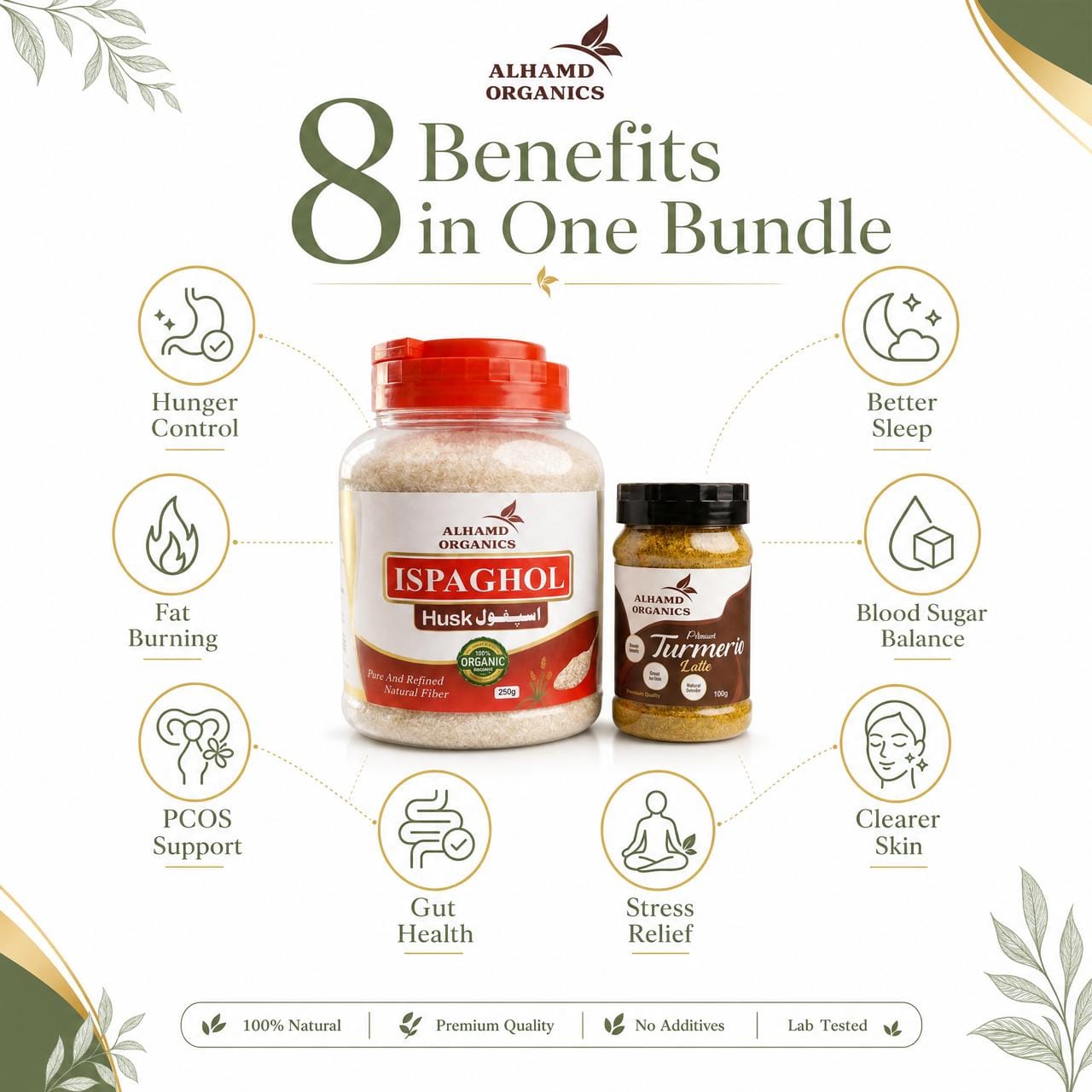 Alhamb Organics products with benefits listed on a white background