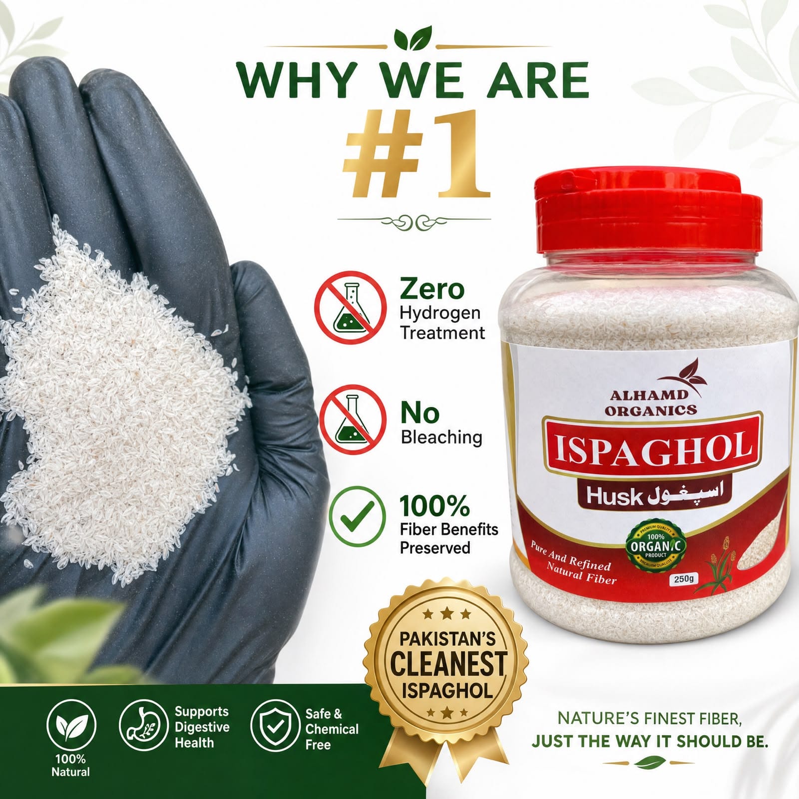 Jar of Alhamd Organics Ispaghul Husk with a gloved hand holding some of the product, on a white background.es