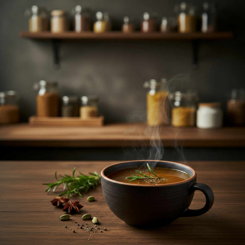 Steaming cup of coffee with spices on a wooden table, shelves with jars in the background