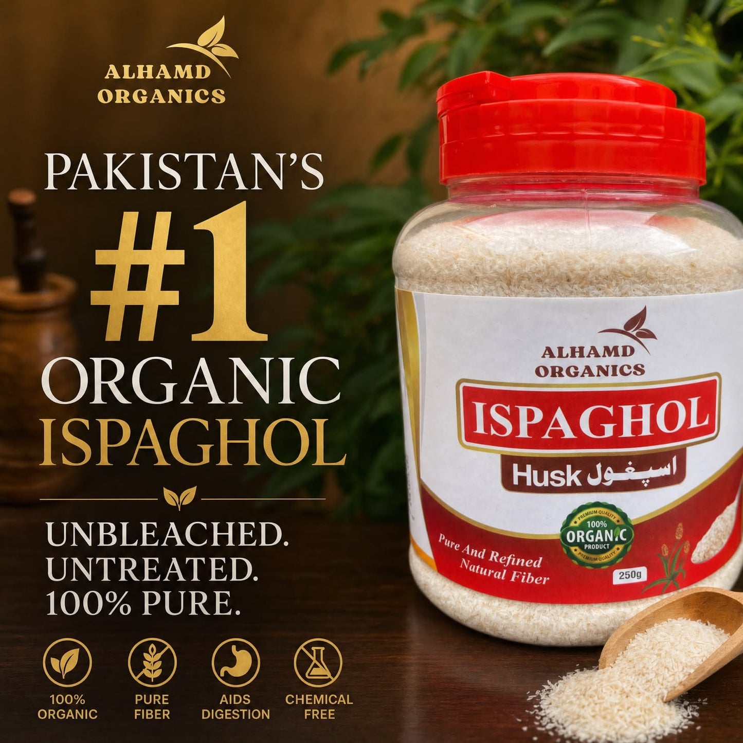Alhmad Organics Ispaghol product with text highlighting its organic and pure qualities.