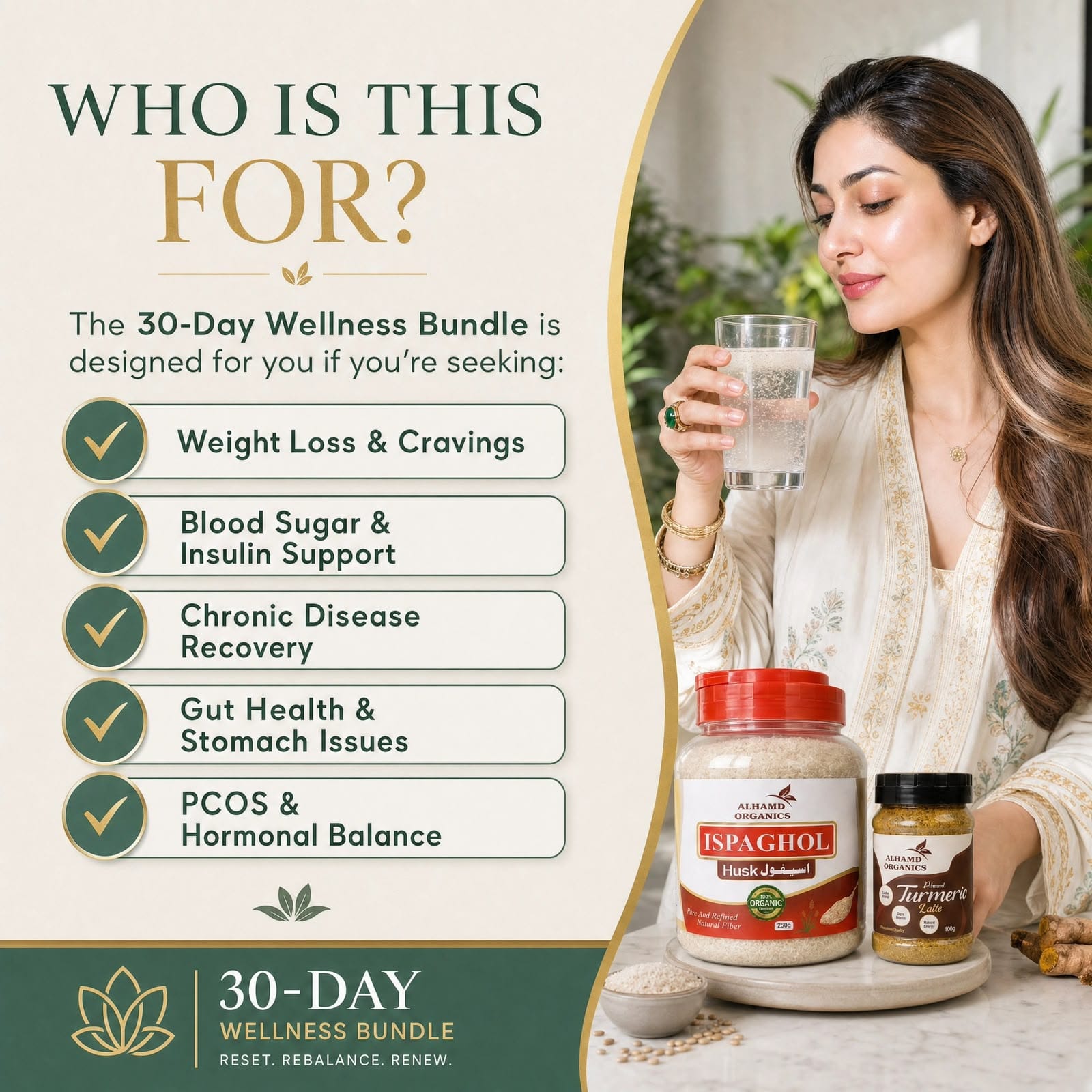 Woman holding a glass of water with wellness products, promoting a 30-Day Wellness Bundle.