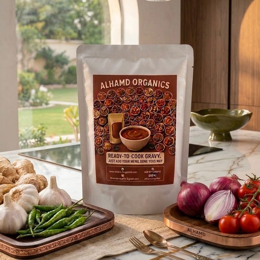 Alhamb Organics ready-to-cook gravy package on a kitchen counter with ingredients.