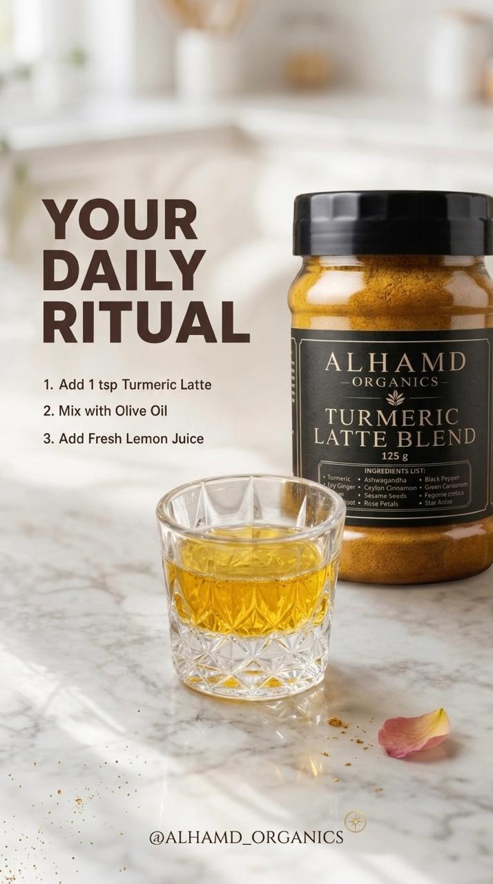 A jar of Alhamd Organics Turmeric Latte Blend next to a small glass of golden turmeric latte on a marble surface, with text reading 'YOUR DAILY RITUAL' and a list of daily steps.