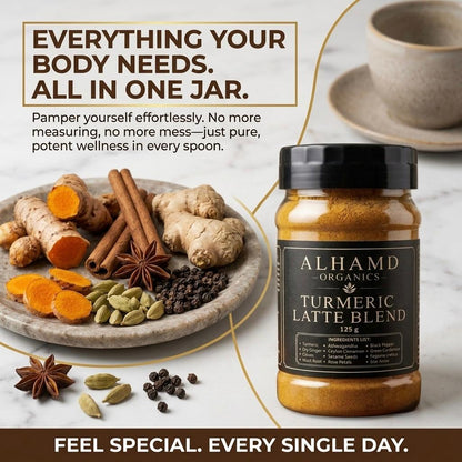AlhAMD Organics Turmeric Latte Blend jar shown next to a styled flat-lay of turmeric ingredients on a marble surface, with a coffee cup in the background and promotional text.