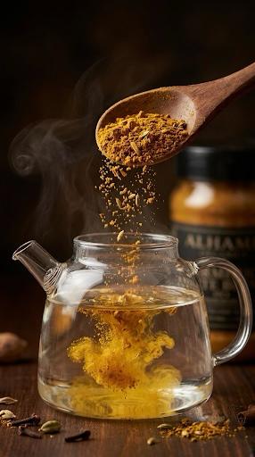 A clear glass teapot filled with hot water on a dark wooden surface, with golden-brown loose herbal tea or spices being poured from a wooden spoon into the pot. A blurred jar and scattered spices are visible in the background.