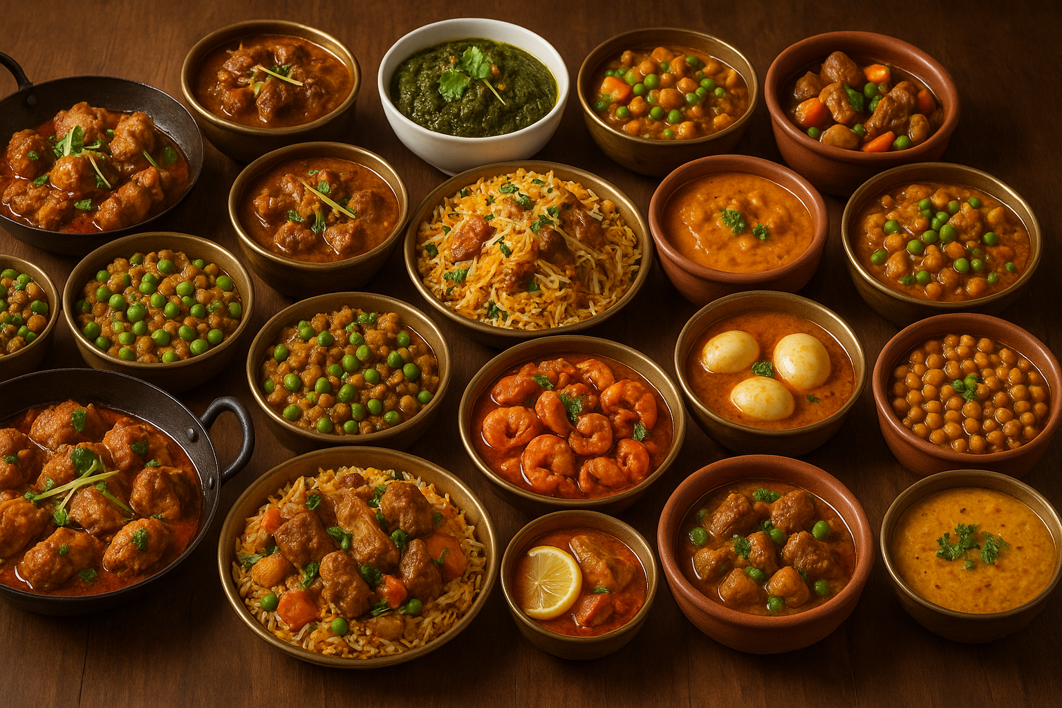 Complete Pakistani Food Collection - Beautiful spread of 20 authentic Pakistani dishes including Chicken Karahi, Mutton Qorma, Beef Nihari, Chicken Biryani, Chicken Handi, Keema Matar, Palak Gosht, Aloo Matar, Prawn Masala, Anda Curry, Butter Chicken, Mutton Karahi, Chicken Achari, Chana Masala, Mutton Stew, Keema Aloo, Fish Curry, Mutton Biryani, Dal Fry, and Shahi Mughlai Qorma, all elegantly arranged with traditional garnishes and authentic Pakistani presentation