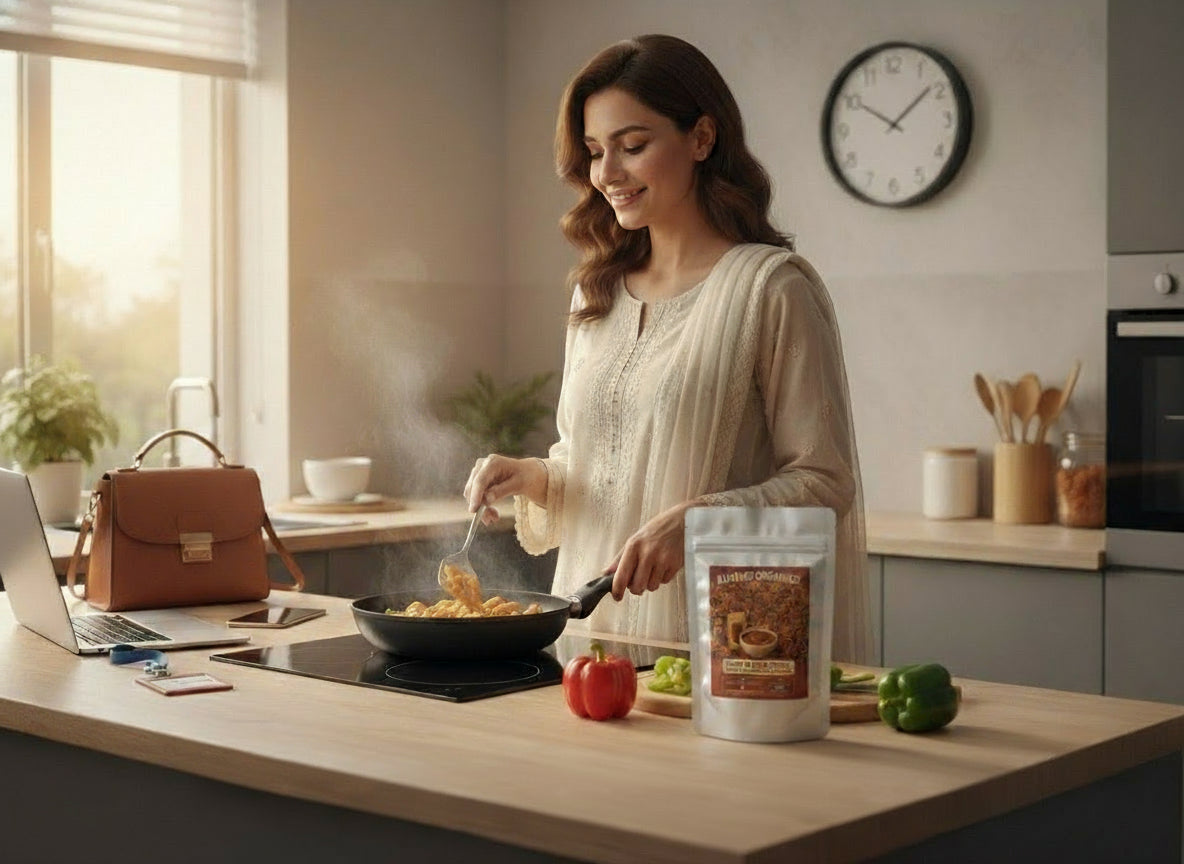 Woman cooking in a kitchen with a bag of food ingredients on the counter.