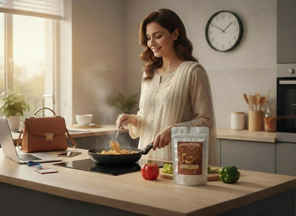 Woman cooking in a kitchen with a bag of food ingredients on the counter.